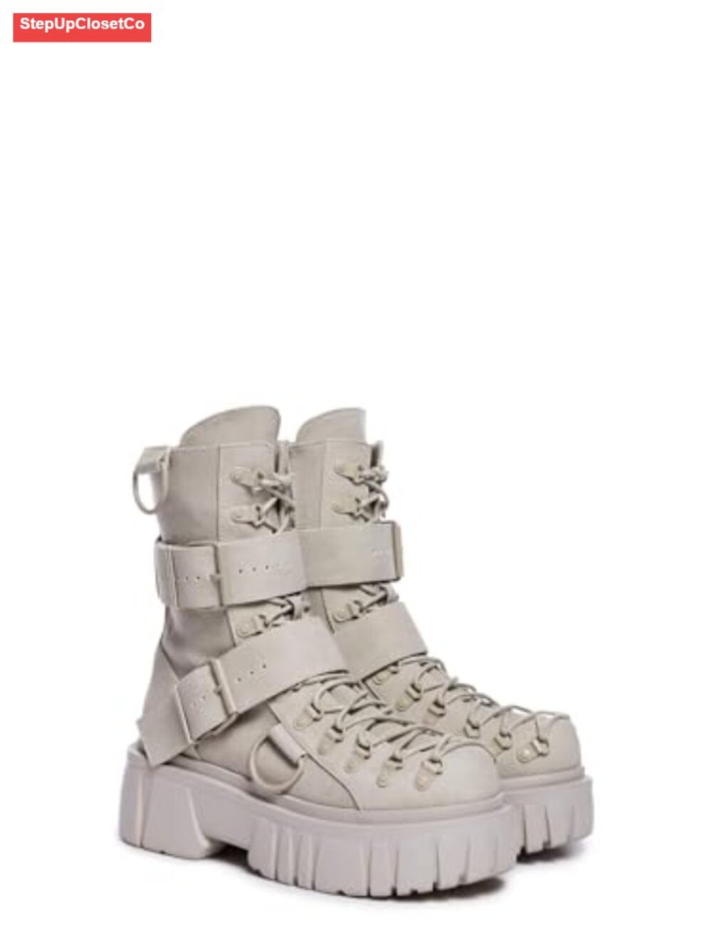 Chunky Vegan Leather Combat Boots with Buckles & Side Zipper - Picture 3 of 4
